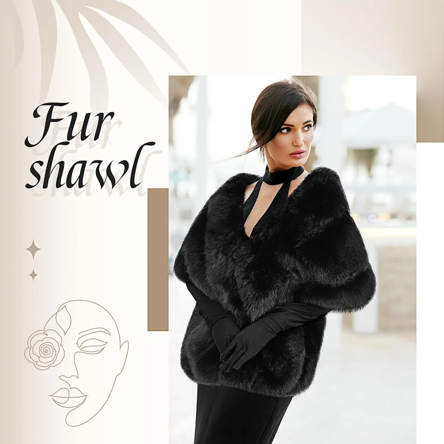 Zhanmai Winter Faux Fur Long Shawl Cloak Stretchy Satin Glove Opera Bridal Dance Gloves for Women Wedding Dress Party Coat