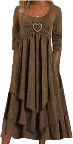 ZOCAVIA Women's Maxi Dress Puff Sleeve Elegant Flowy Ruffle Cowlneck Dress High Waist Basic Loose Fit Dresses