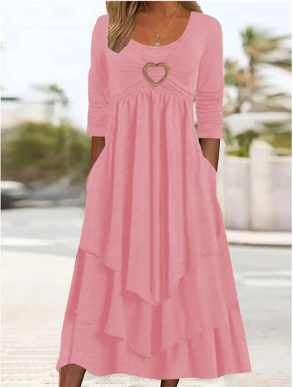 ZOCAVIA Women's Maxi Dress Puff Sleeve Elegant Flowy Ruffle Cowlneck Dress High Waist Basic Loose Fit Dresses