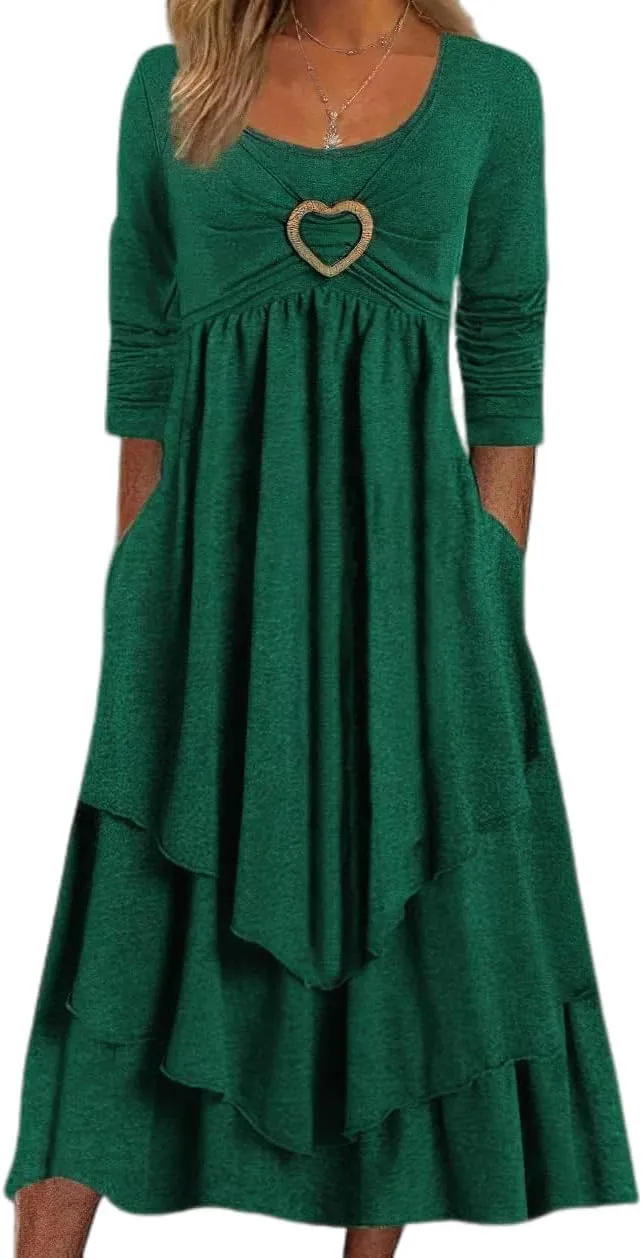 ZOCAVIA Women's Maxi Dress Puff Sleeve Elegant Flowy Ruffle Cowlneck Dress High Waist Basic Loose Fit Dresses