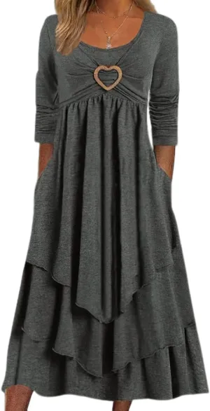 ZOCAVIA Women's Maxi Dress Puff Sleeve Elegant Flowy Ruffle Cowlneck Dress High Waist Basic Loose Fit Dresses