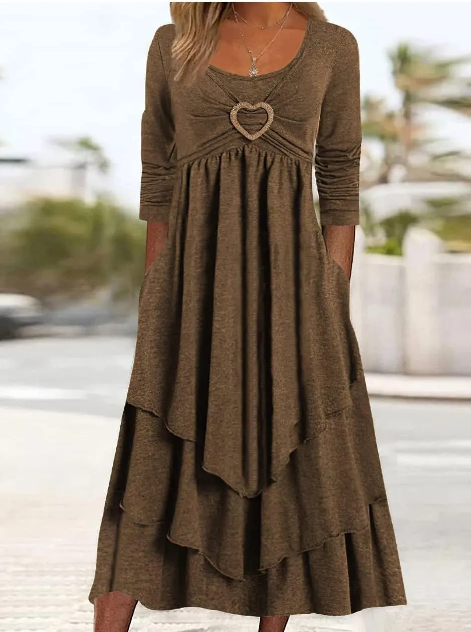 ZOCAVIA Women's Maxi Dress Puff Sleeve Elegant Flowy Ruffle Cowlneck Dress High Waist Basic Loose Fit Dresses