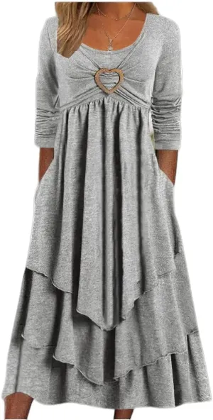 ZOCAVIA Women's Maxi Dress Puff Sleeve Elegant Flowy Ruffle Cowlneck Dress High Waist Basic Loose Fit Dresses