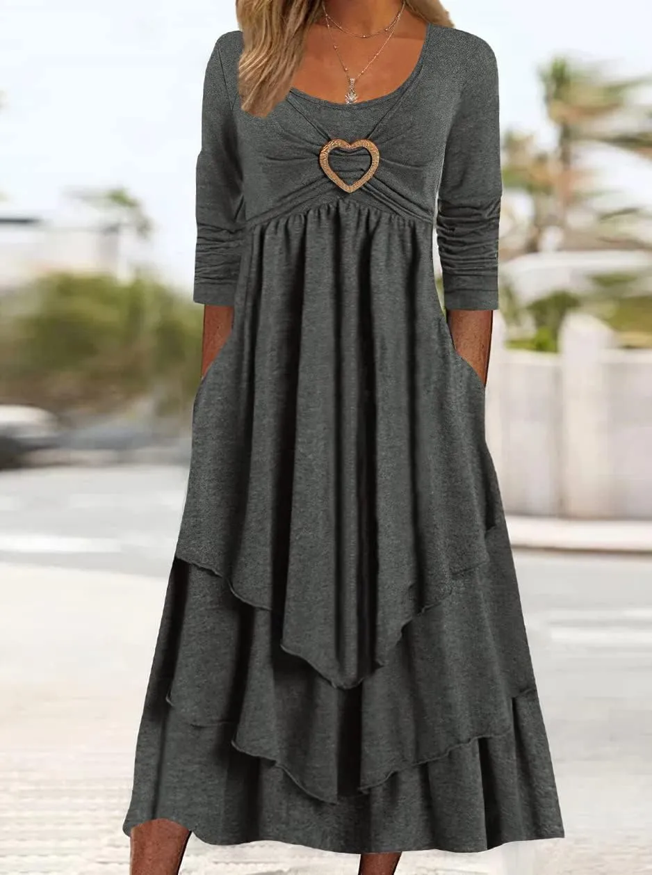 ZOCAVIA Women's Maxi Dress Puff Sleeve Elegant Flowy Ruffle Cowlneck Dress High Waist Basic Loose Fit Dresses