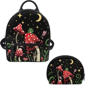ZOUTAIRONG Butterfly Mushroom Purse Mini Backpack for Women Teen Girls Purse and Wallet Set Small Shoulder Bags Leather Travel Pouch Handbags Totes Moon Night Star Frog